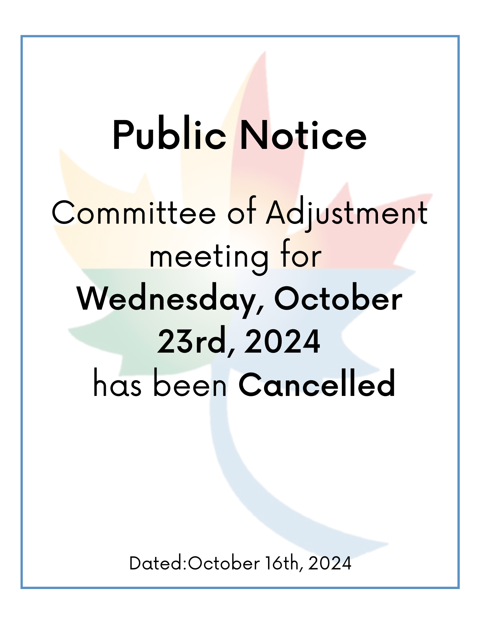 Committee of Adjustment Meeting Cancelled